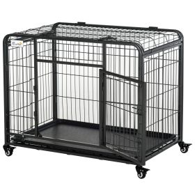 PawHut Metal Dog Crate 37" Heavy Duty Folding Kennel with Removable Tray Cover 4 Wheels Gray